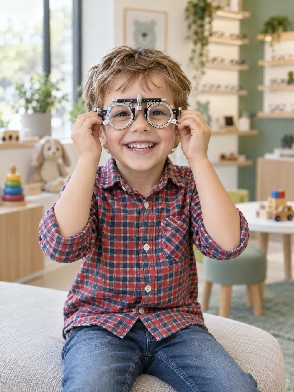 Ein lachendes Kind hält eine Messbrille vor die Augen