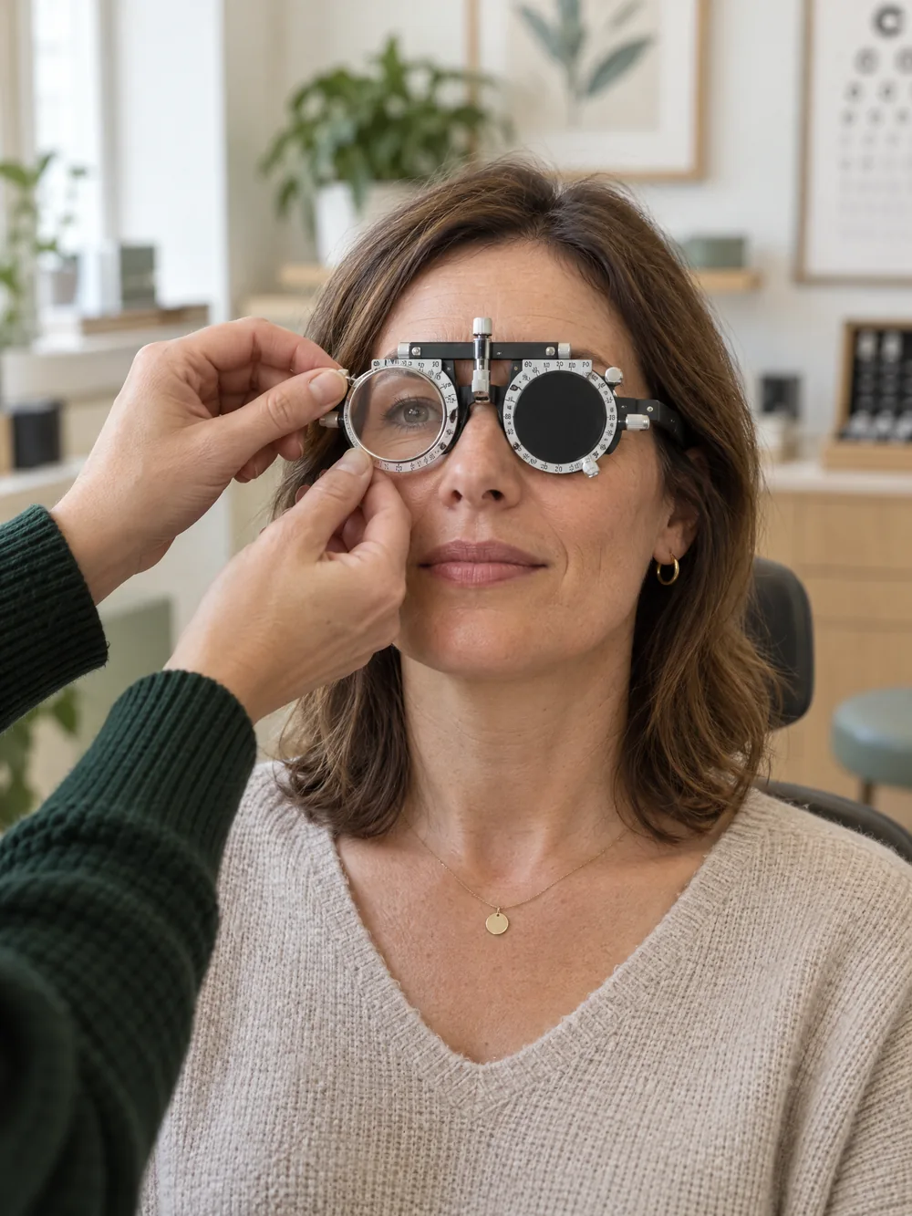 Eine Frau schaut durch eine Messbrille, die Hände der Augenoptikerin setzen ein Messglas ein