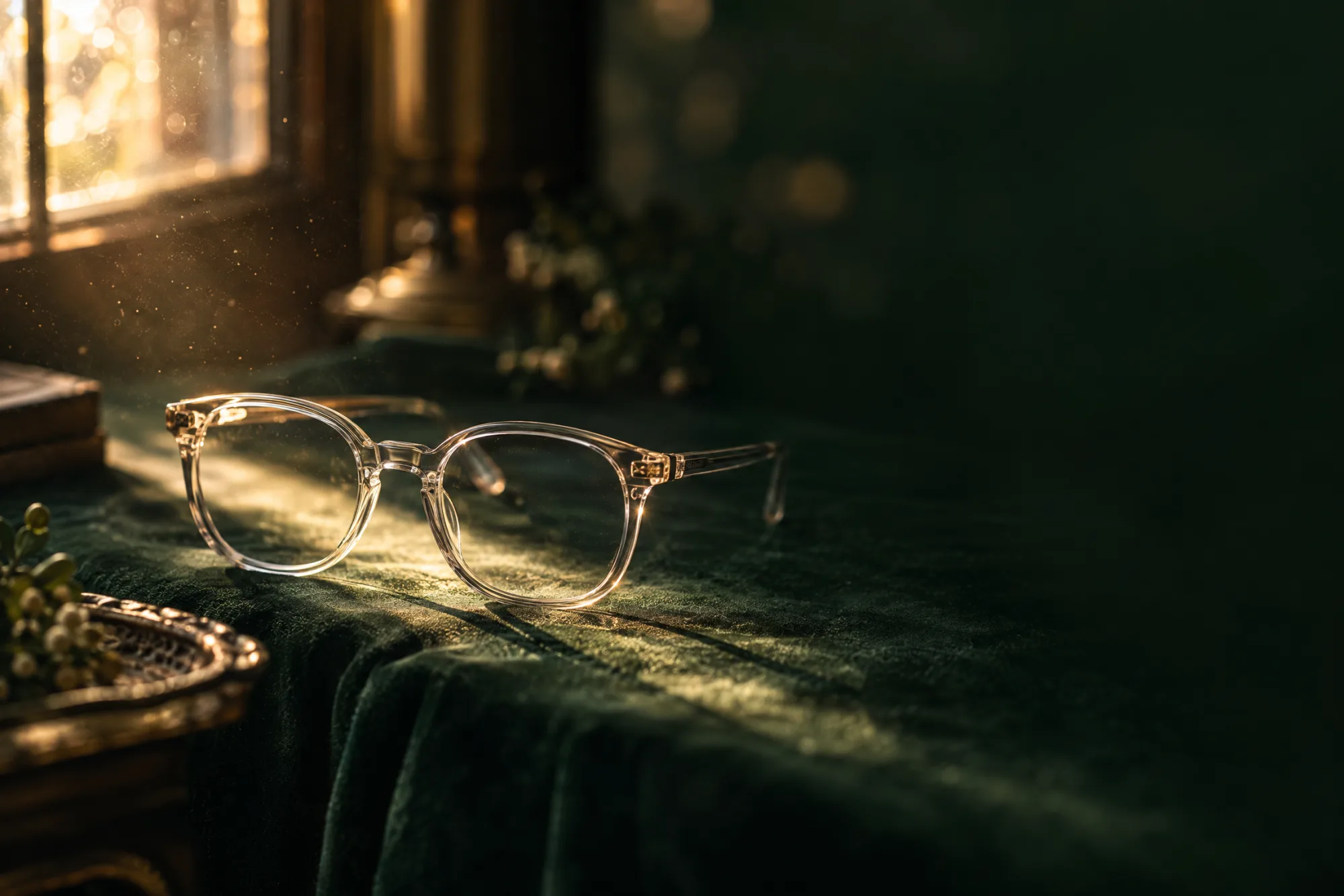 Eine klare Brille im Abendlicht auf dunkelgrünem Samt